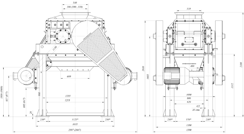 Дробилка двухвалковая с рифлеными валками ДВР-2/500, габаритные и присоединительные размеры
