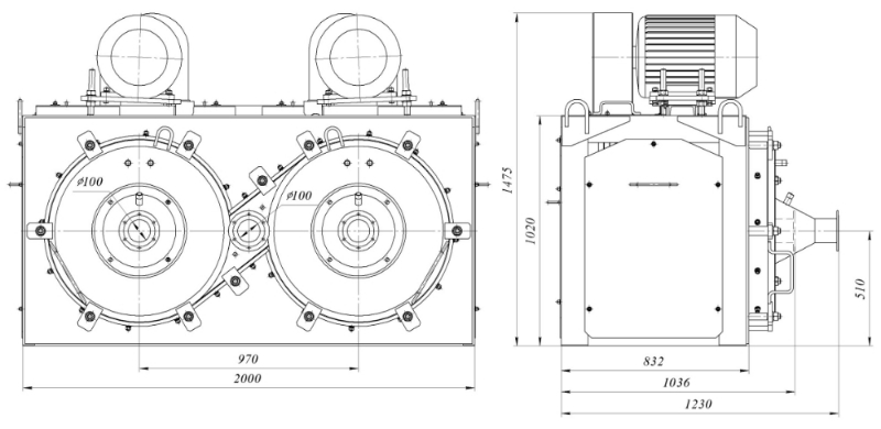 Мельница роторно-струйная МРС-2/770, габаритные и присоединительные размеры